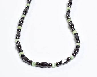 Petite Green and Magnetite Magnetic Therapy Necklace 4mm Lime Green Cat's Eye Glass and Black