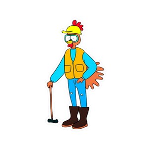 May include: A cartoon sticker of a chicken character wearing a yellow hard hat, safety glasses, and an orange vest over a blue long-sleeve shirt. The chicken is wearing blue jeans, brown boots, and holding a walking stick. The chicken has an orange tail and a red comb.