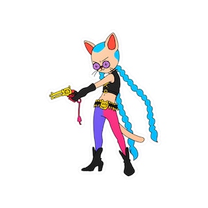 May include: A sticker depicting a cartoon cat character with blue braided hair, wearing a black top, purple and pink leggings, and black boots. The cat is holding a gold gun and has a determined expression.