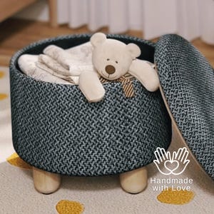 Storage Ottoman – Round Pouf with Removable Lid, Linen and Wood Ottoman, Elegant Footstool for Hallway, Living Room Decor
