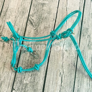 Pre-Made Sliding O-Ring Transition Halter Indian Bosal Hybrid &quot;Bosalter&quot; in Stiff Light Teal 1/4&quot; Pony Size