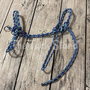 May include: A blue and green rope halter with metal rings, lying on a wooden surface. The halter is made of a braided rope with a pattern of blue and green. The metal rings are silver in color.