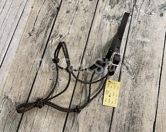 PRE-MADE No Tie Buckle Leather Breakaway Crown Halter in Firm 1/4" Rope Pony Sized Black/Brown Checker English-Western Hybrid