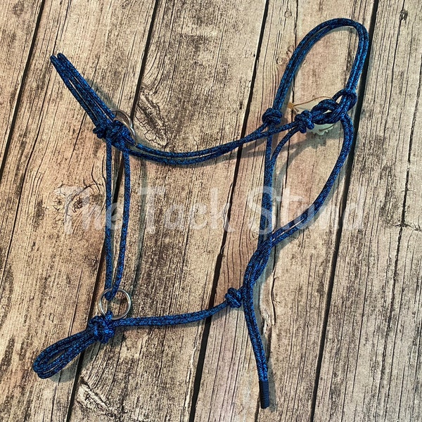 Pre-Made Sliding O-Ring and Sidepull Halter in Firm-Stiff 1/4" Rope Horse Sized Navy/Blue Blend