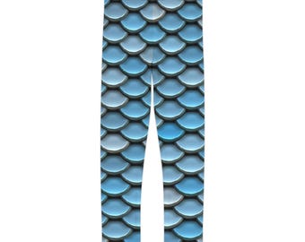 Niebieskie legginsy dziecięce z motywem łuski syreny | Legginsy z motywem łuski syreny