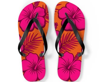 Chanclas con estampado floral de hibisco rosa / Sandalias de playa tropicales