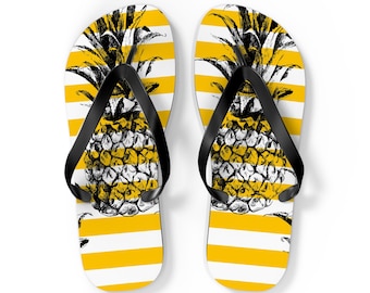 Yellow Striped Pineapple Flip Flops | Tropical Summer Beach Sandals