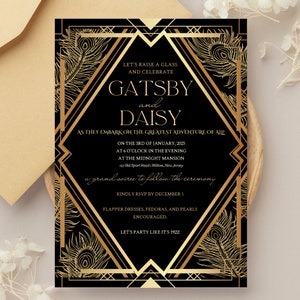 May include: An Art Deco invitation in black and gold, featuring the words "Gatsby and Daisy." The invitation provides details for a party on January 3rd, 2025, with a dress code encouraging flapper dresses, fedoras, and pearls.