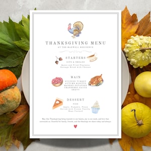 May include: A Thanksgiving menu with a watercolor illustration of a turkey, a bowl of cranberries, a plate of mashed potatoes, a pie, and a cupcake. The menu includes starters, main course, and dessert options. The text reads "Thanksgiving Menu at the Maxwell Residence".