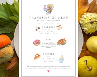 May include: A Thanksgiving menu with a watercolor illustration of a turkey, a bowl of cranberries, a plate of mashed potatoes, a pie, and a cupcake. The menu includes starters, main course, and dessert options. The text reads "Thanksgiving Menu at the Maxwell Residence".
