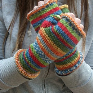 Fingerless gloves striped wool hand knit - Kandinsky