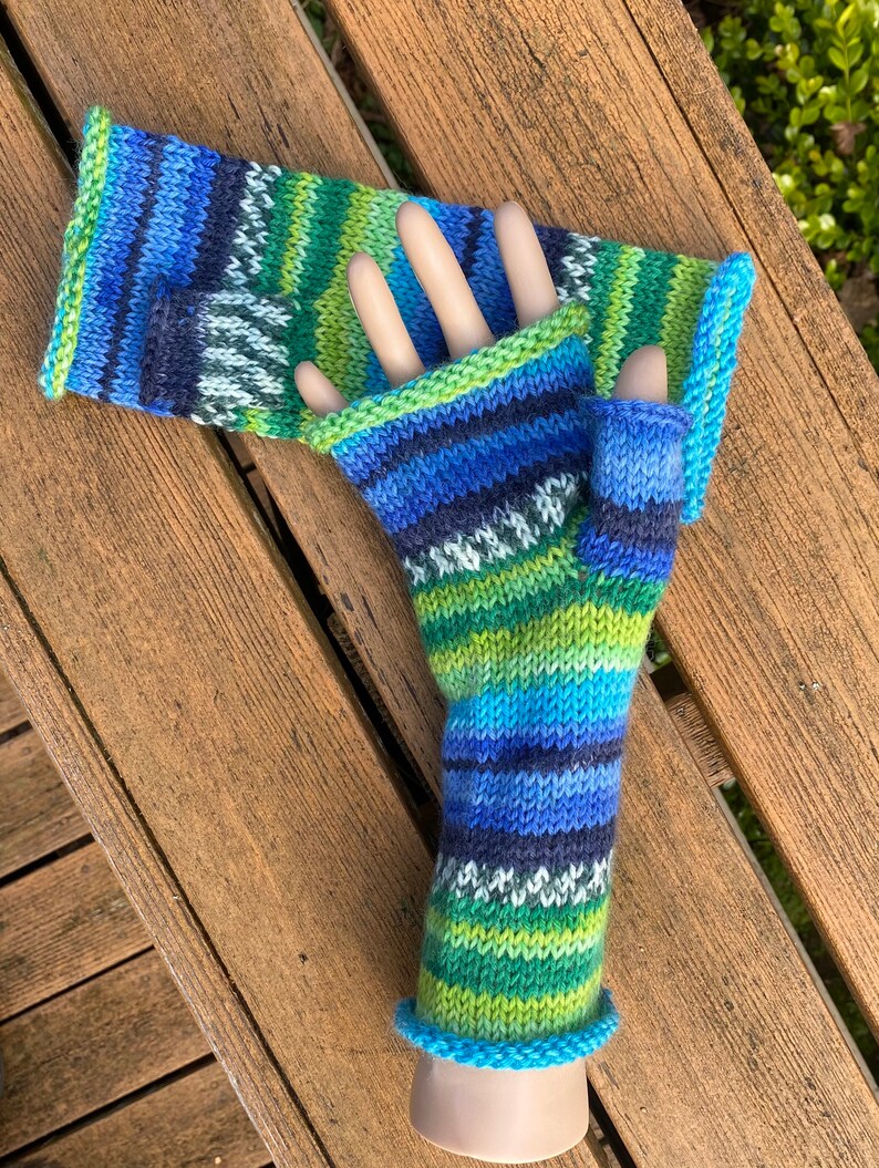 Fingerless Gloves Striped Wool Hand Knit Verdi seattle Football Etsy