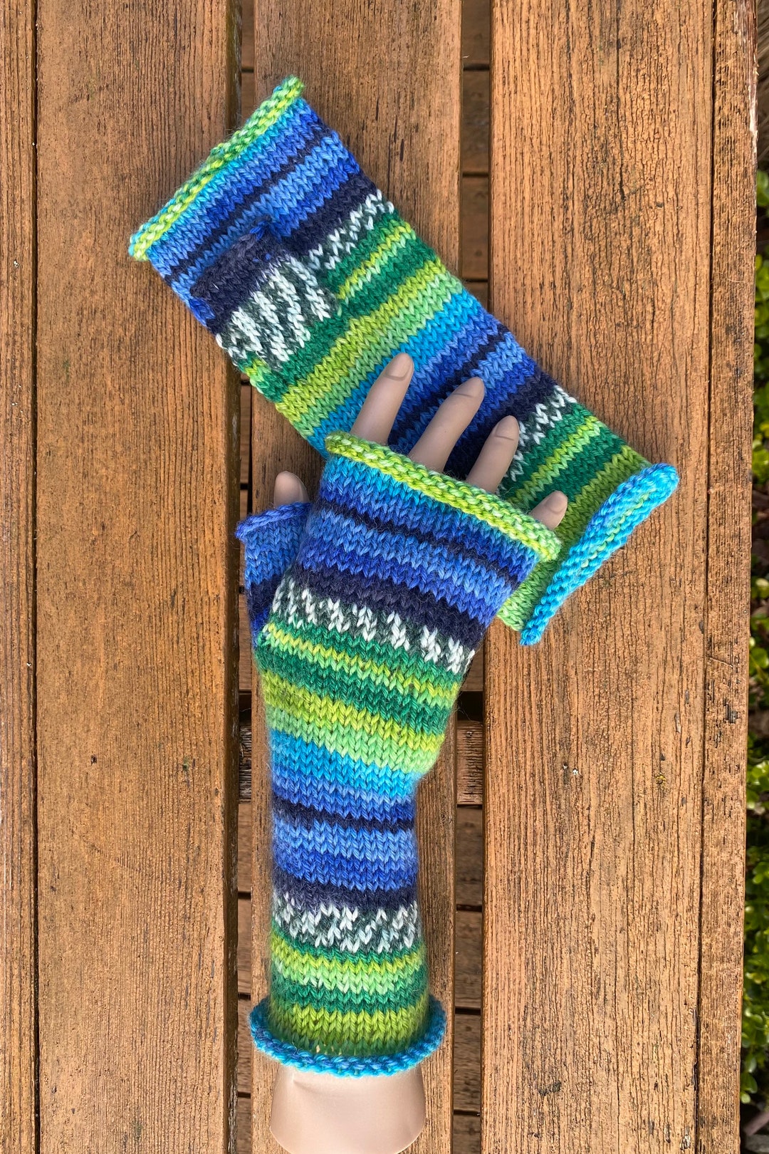 Fingerless Gloves Striped Wool Hand Knit Verdi seattle Football Etsy