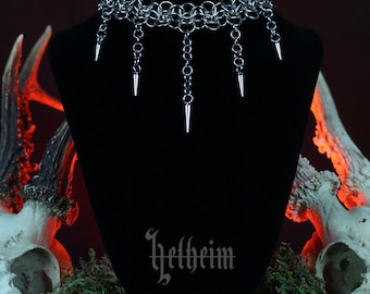 Stainless Steel Choker With Chainmail Rings, Punk Spike Charms