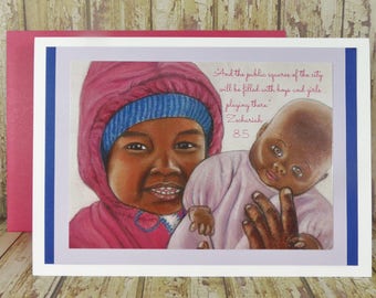 Tarjeta de felicitación de las escrituras infantiles ~ "plazas lleno de niños y niñas jugando allí" ~ Zechariah 8:5 ~ arte de tiza pastel