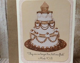 Engagement / Marriage Greeting Card ~ "They are no longer two, but one flesh" Mark 10:8 Scripture ~ Wedding Cake