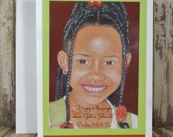 Feliz es el pueblo cuyo Dios es Jehová - Salmo 144:15 - Chica con trenzas tarjeta de felicitación - Chalk Pastels Art