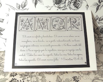 Spanish Engagement / Marriage Greeting Card ~ "El Amor es sufrido y bondadoso..." Love / Amor Scripture ~ 1 Corinthians 13:4-8
