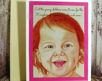 Tarjeta de felicitación con niño y escritura ~ niños vengan a mí... Unido pertenece a tal que ~ Lucas 18:16 ~ arte de tiza pastel