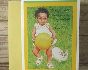 Tarjeta de felicitación de las Escrituras de los niños: Que los niños pequeños vengan a mí -El Reino de Dios pertenece a los de los que están a los que están en la lista de ellos, Lucas 18:16 - Arte pastel de tiza