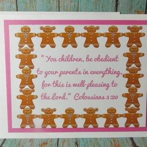 Niños ser obedientes a los padres en todo ~ Colosenses 3:20 tarjetas de felicitación de escritura ~ Gingerbread Girl & Boy ~ niños