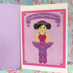 Carte de vœux paillettes ballerine fille ~ laissez-les louange son nom avec de la danse - Psaume 149.3 écriture ~ craie Pastels Art