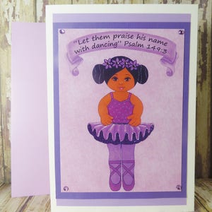 Carte de vœux paillettes ballerine fille ~ laissez-les louange son nom avec de la danse - Psaume 149.3 écriture ~ craie Pastels Art