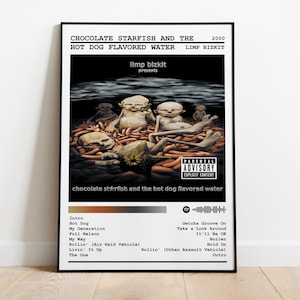 May include: Album cover art for "Chocolate Starfish and the Hot Dog Flavored Water" by Limp Bizkit. The album cover features a dark background with a group of cartoon-like figures in a pile of hot dogs. The album title is printed in white text at the top of the cover. The album was released in 2000.