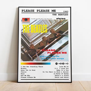 Pode incluir: Uma capa de disco de vinil vintage para o álbum dos Beatles "Please Please Me." A capa apresenta uma foto em preto e branco dos membros da banda em pé em uma escada. O título do álbum está em texto vermelho e branco, e o nome da banda está em texto amarelo. O álbum foi lançado em 1963 e inclui músicas como "Love Me Do" e "P.S. I Love You."