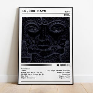 Puede incluir: Una portada de álbum en blanco y negro para el álbum "10,000 Days" de la banda Tool. La portada del álbum presenta un diseño detallado e intrincado de una cara con un fondo oscuro. El título del álbum y el nombre de la banda están impresos en blanco en la parte superior de la portada. El álbum fue lanzado en 2006.