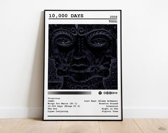 May include: A black and white album cover for the band Tool's album "10,000 Days". The album cover features a detailed, intricate design of a face with a dark background. The album title and band name are printed in white text at the top of the cover. The album was released in 2006.