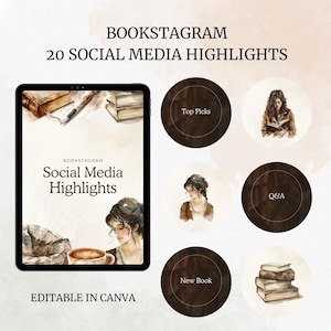May include: A digital graphic with the text "BOOKSTAGRAM 20 SOCIAL MEDIA HIGHLIGHTS." The image includes a tablet with watercolor illustrations of books, a pen, and a woman. Round icons say "Top Picks," "Q&A," and "New Book."