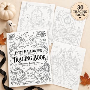 Puede incluir: Una colección de páginas de calco con temática de Halloween que presenta arte lineal en blanco y negro de fantasmas, calabazas, una bruja y una casa embrujada. La portada muestra el texto Cozy Halloween Tracing Book y 30 Tracing Pages.