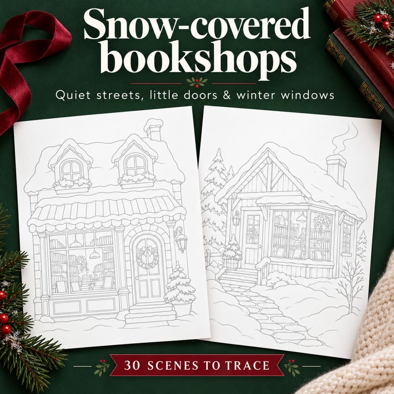 Snowy Bookshops & Cafes Tracing Book for Adults, 30 Printable A4 Winter ...