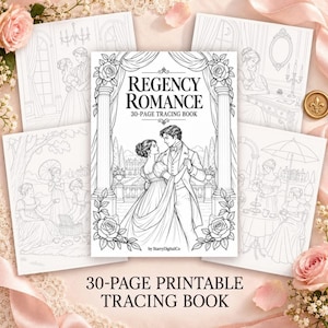 Op de afbeelding: Een 30-pagina tellend overtrekboek getiteld Regency Romance met zwart-wit lijntekeningen van koppels en sociale scènes in historische kleding, omlijst door florale zuilen op een witte papieren achtergrond.