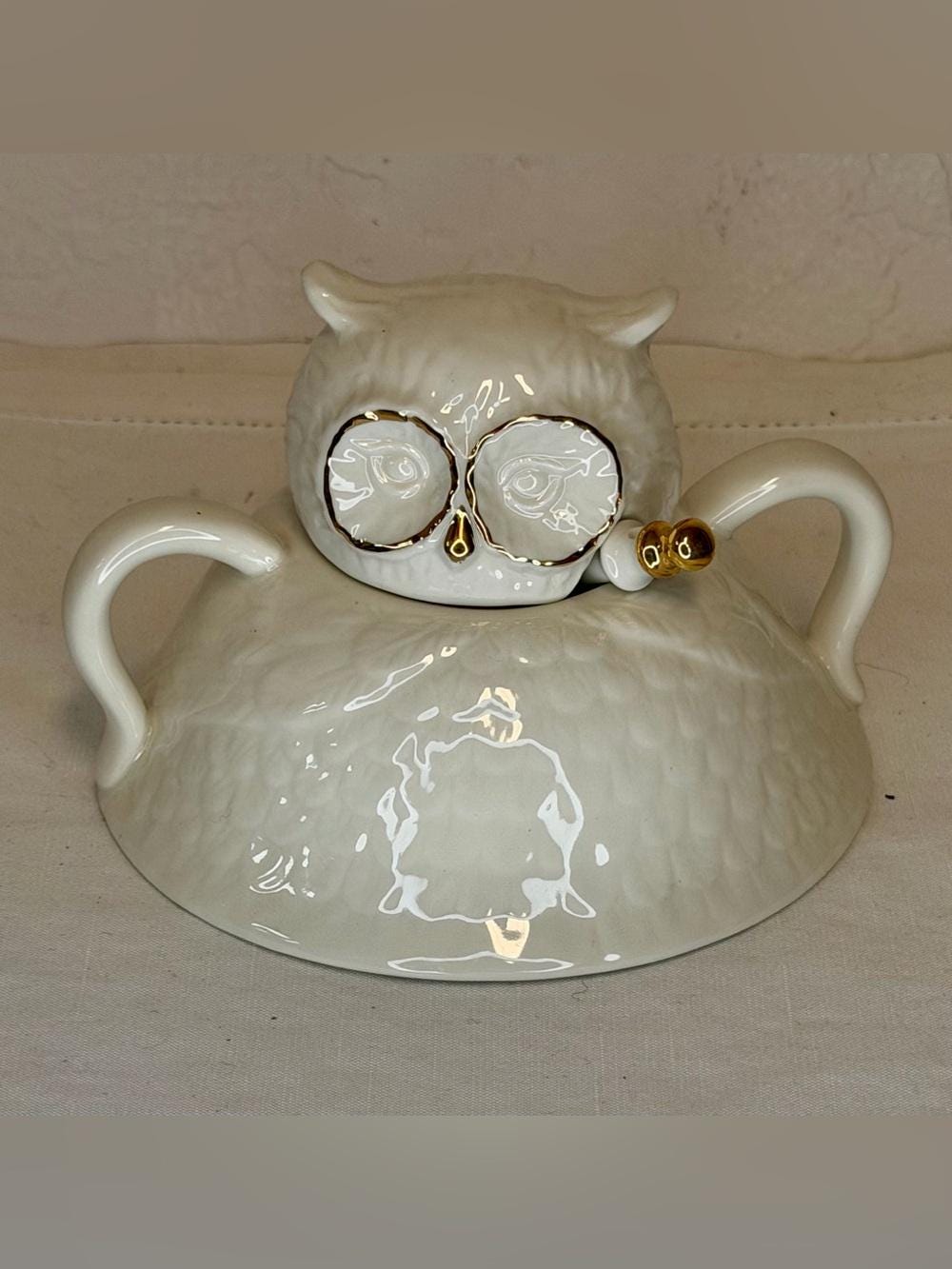 Anthropologie Balducci Wild Masquerade Ceramic Owl Sugar Bowl Gold Trim w/ Spoon