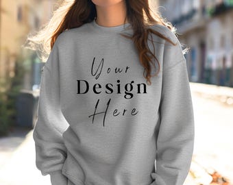 Gildan 18000 Graphite Heather Sweatshirt Mockup, G180 Crewneck Grey Mock, Gildan Model Mock-up, Realistic Pod Mock, Heather Trendy Sweater