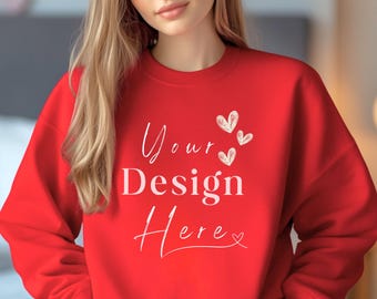 Valentine Gildan 18000 Red Sweatshirt Mockup, G180 Crewneck Female Red Mock, Gi18 Model Mock-up, Realistic POD Valentine&#39;s Day Mock