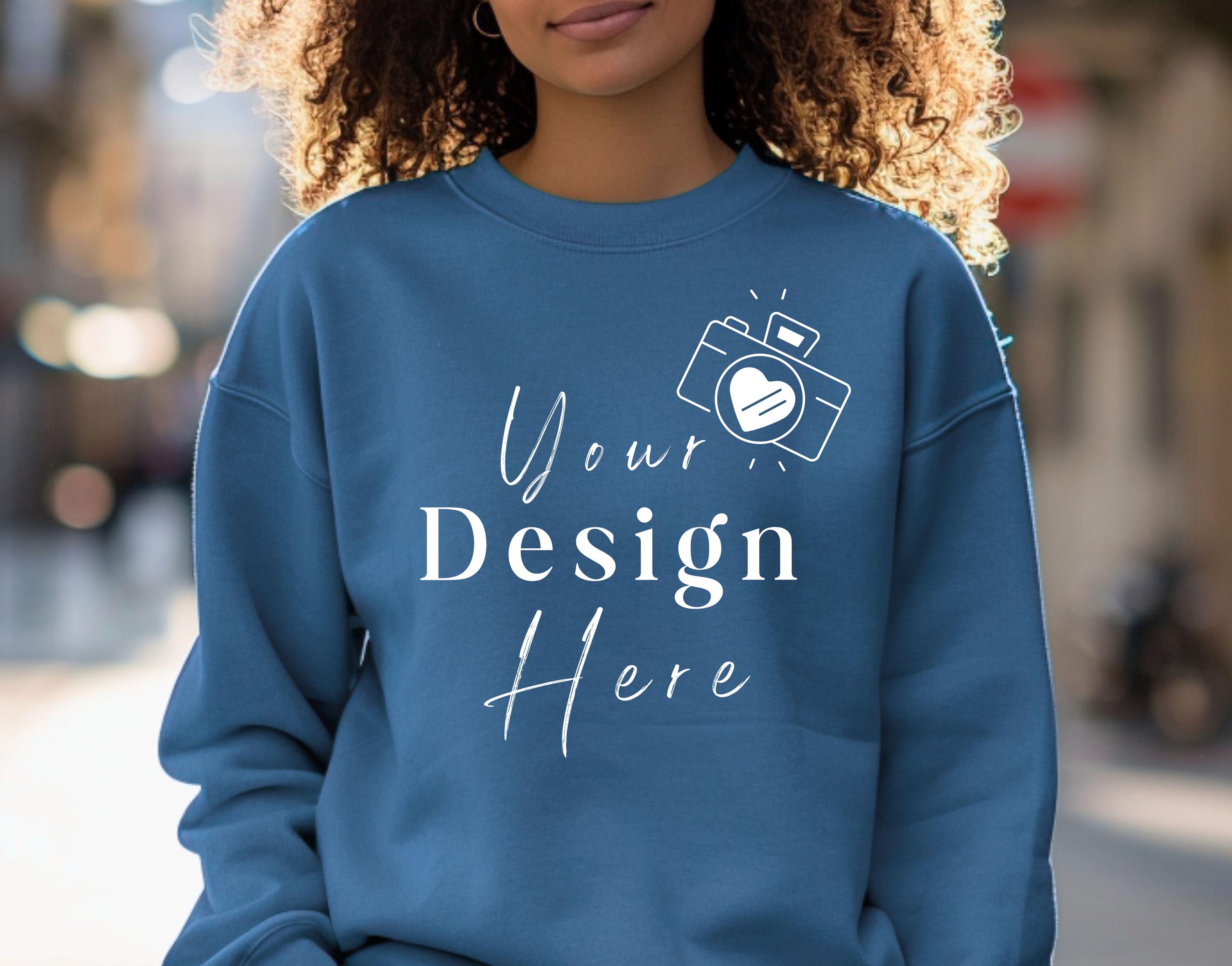 Gildan 18000 Indigo Sweatshirt Mockup, G180 Crewneck Blue Mock, 18000 Model Realistic Mock-up, Trendy Sweater Fall Mock, Indigo Sweatshirt