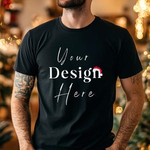 Bella Canvas 3001 Svart, Jul-T-shirt Mockup, B+C Man Svart T-shirt Mockup, Julklapp BC 301 Mockup, Man 3001 Modellfoto, POD-T-shirt