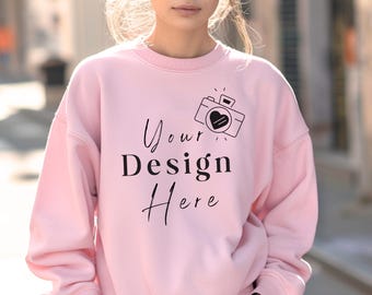 Gildan 18000 Light Pink Sweatshirt Mockup, G180 Crewneck Pink Mock, 18000 Model Realistic Mock-up, Trendy Sweater Fall Mock, POD Sweatshirt