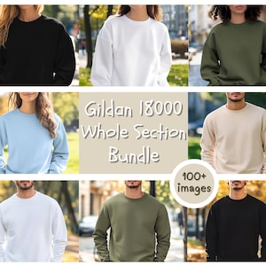 Puede incluir: Un conjunto de sudaderas Gildan 18000 de sección completa en negro, blanco, azul claro, beige, verde oscuro y negro. El texto "Gildan 18000 Whole Section Bundle" y "100+ Images" es visible en la imagen.