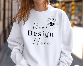 Gildan 18000 White Sweatshirt Mockup, G180 Crewneck White Mock, Gi180 Model Mock-up, Realistic Print on Demand Mock, Trendy Sweater Mock