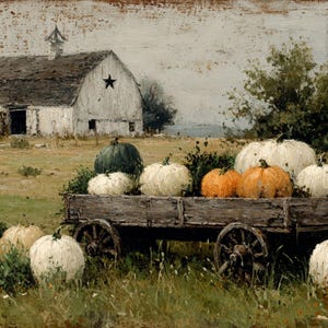 Op de afbeelding: Een herfstschilderij toont een rustieke schuur met een ster en een houten kar vol pompoenen. De pompoenen zijn wit, oranje en groen. De kar staat in een veld met hoog gras.