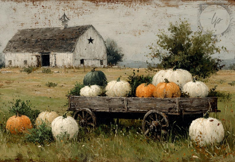 Op de afbeelding: Een herfstschilderij toont een rustieke schuur met een ster en een houten kar vol pompoenen. De pompoenen zijn wit, oranje en groen. De kar staat in een veld met hoog gras.