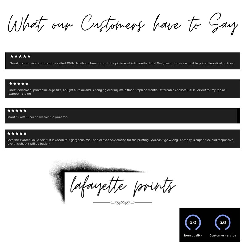 Op de afbeelding: Witte achtergrond met de handgeschreven tekst "What our Customers have to Say". Daaronder klantbeoordelingen met 5-sterrenbeoordelingen. Het logo van "lafayette prints" is ook zichtbaar, samen met beoordelingen van artikelkwaliteit en klantenservice.