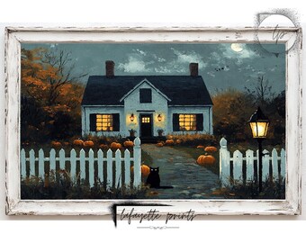 Fall Farmhouse Painting | Farmhouse Print | Halloween Wall Art | Black Cat Art | House with Pumpkins | Digital Download | lafayette prints