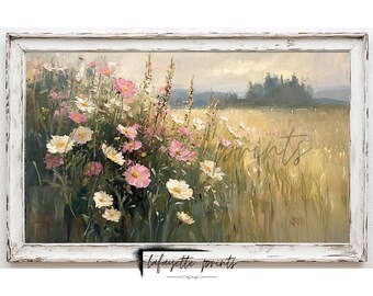 Printable Wildflower Field Landscape Painting | Pink Farmhouse Print | Neutral Wall Art | Spring Art Digital Download | lafayette prints