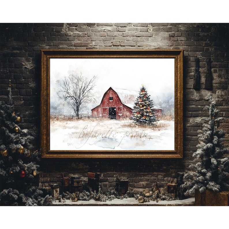 Vintage Winter Barn Print | Red Christmas Barn Painting | Rustic ...
