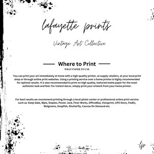 Op de afbeelding: Een witte achtergrond met zwarte inktspatten en tekst. De tekst luidt "lafayette prints" en "Vintage Art Collective". Hieronder staat "Where to Print" en worden afdrukopties vermeld, inclusief printers en online diensten.